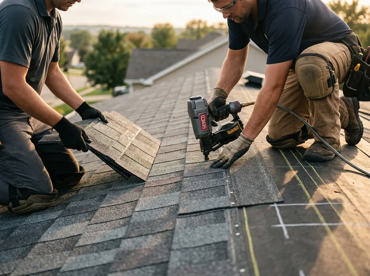 Professional roofer working on a residential roof in Mentor